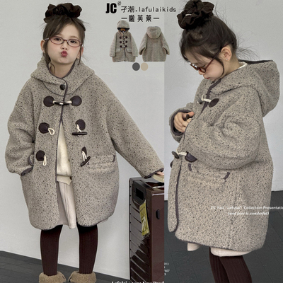 啦芙莱冬连帽毛绒外套牛角扣大衣