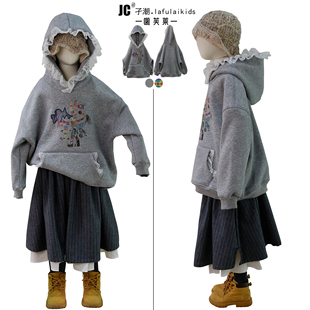 女宝蕾丝边连帽卫衣公主加厚套头绒衫 新款 7302 2025冬季 啦芙莱童装