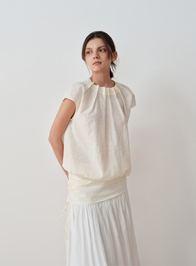 SETTE SEVEN·俏皮少女感 抽褶穿绳圆领小飞袖套头衫