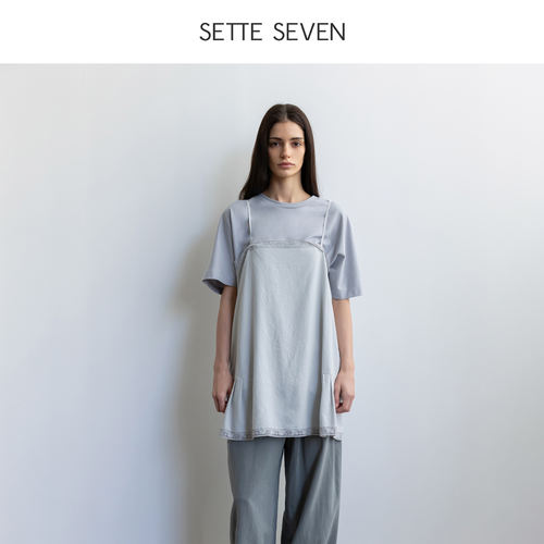 SETTE SEVEN极简灰蓝色T恤女秋季新款圆领宽松短袖高级感百搭上衣