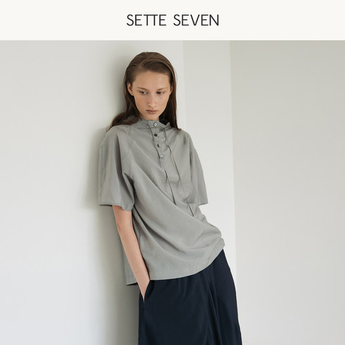 SETTE SEVEN【明星同款】荡领短袖上衣女2026秋季新款荡领气质T恤