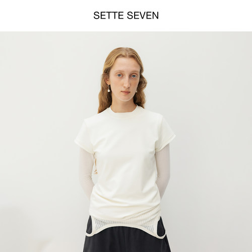 SETTE SEVEN·【花纱羊毛】正肩长袖T恤女2026年秋季修身内搭上衣