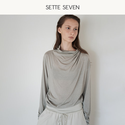 SETTE SEVEN荡领长袖上衣女2026秋季宽松褶皱领显瘦气质中长款T恤