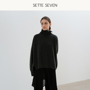 SETTE SEVEN不规则翻领羊毛毛衣女冬季落肩开叉下摆高领针织上衣