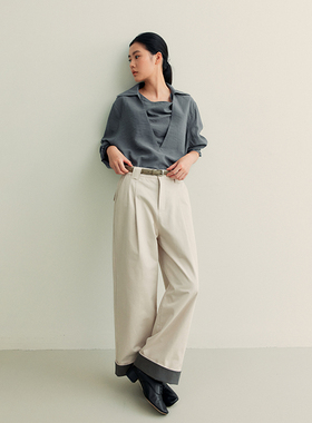 SETTE SEVEN 【卷边设计】高支高密斜纹水洗棉撞色阔腿长裤102329