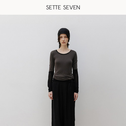 SETTE SEVEN·薄款微透U领长袖T恤