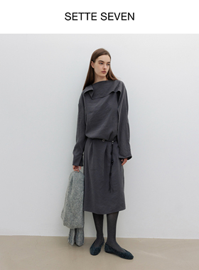 SETTE SEVEN·灰色不规则领收腰连衣裙设计感廓形高级感通勤长裙