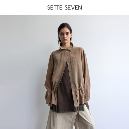 下摆收绳宽松无领锦纶衬衫