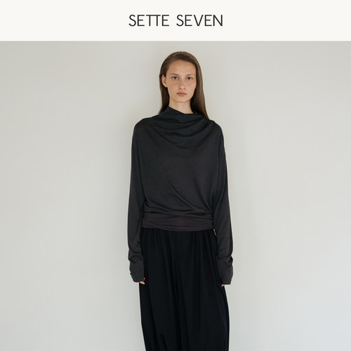 SETTE SEVEN荡领长袖上衣女2026秋季宽松褶皱领显瘦气质中长款T恤