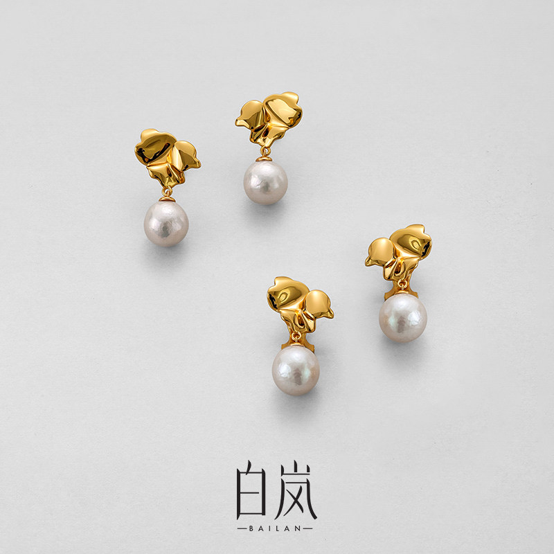 白岚葫芦叶珍珠耳钉925银女耳夹耳饰气质饰品ED4842