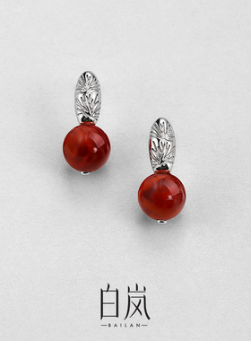 白岚旭松耳钉南红玛瑙925银耳环耳饰女新款气质高级配饰ED4547