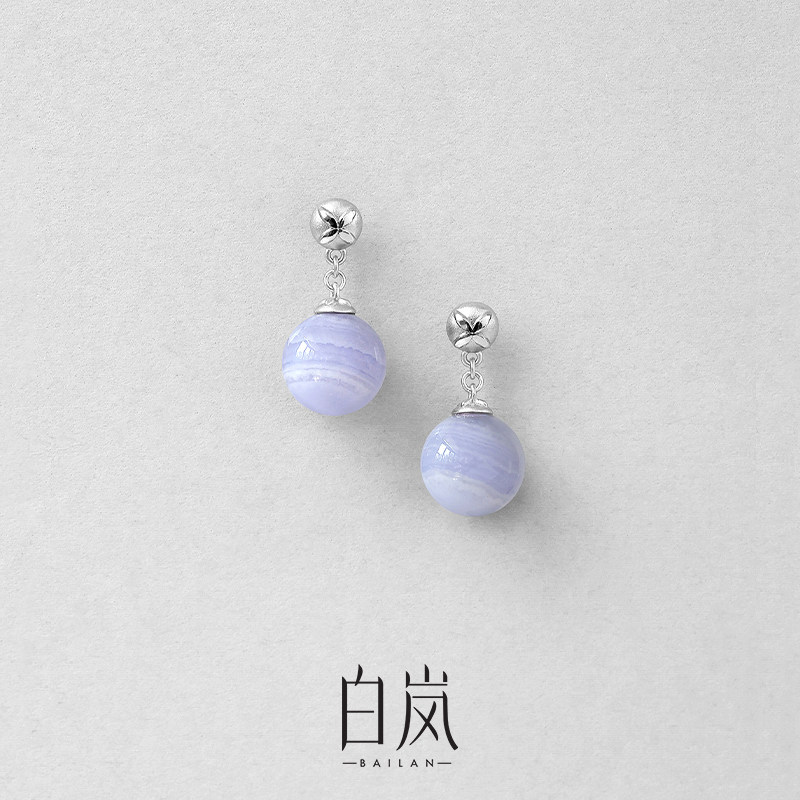 白岚花砖蓝纹玛瑙耳钉耳环耳饰女高级小众独特蓝色饰品首饰ED4659