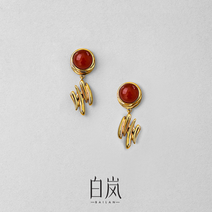 白岚流霞耳钉925银红玛瑙耳环耳饰精致气质女红色本命年ED4799