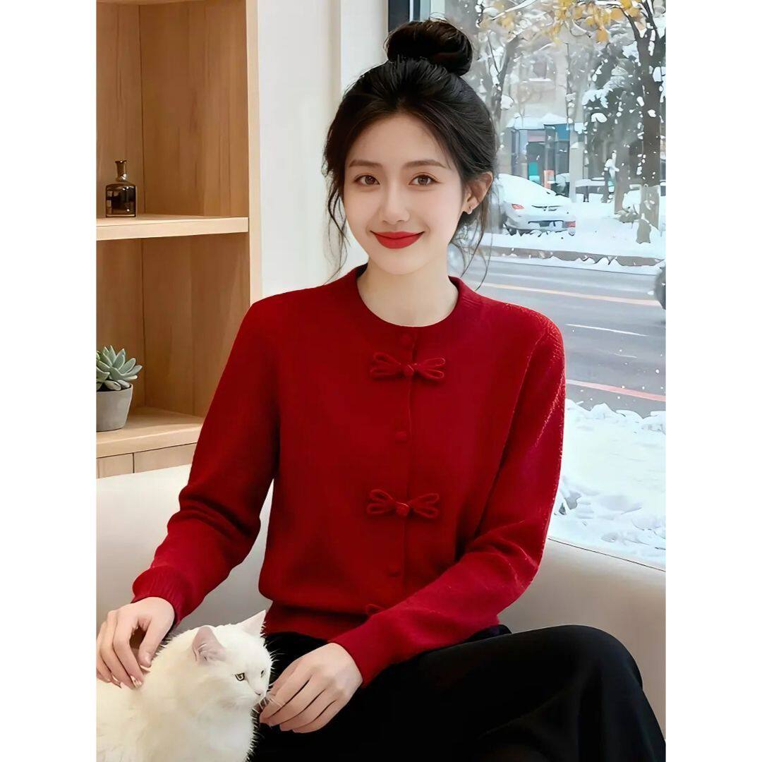 新中式红色圆领蝴蝶结扣针织衫女毛针织衫