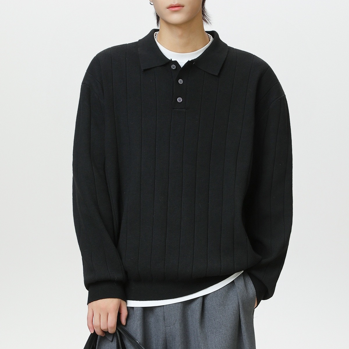 CHRY STUDIO复古POLO领毛衣2025秋季新款慵懒风休闲坑条打底衫男