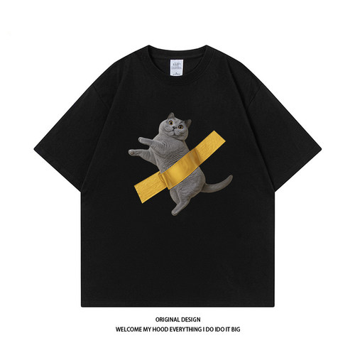 CHRY STUDIO潮牌趣味恶搞猫咪印花短袖夏季宽松百搭休闲情侣同款T