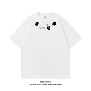 宽松百搭休闲情侣款 潮牌创意长胡子猫咪印花短袖 STUDIO美式 CHRY