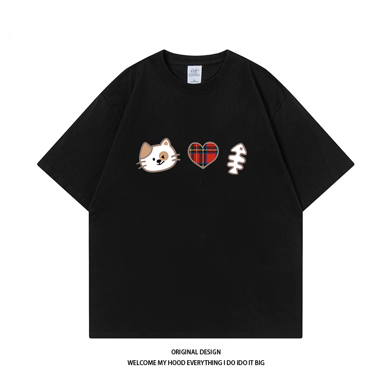 CHRY STUDIO美式潮牌慵懒风猫咪鱼骨头印花短袖宽松百搭情侣同款T