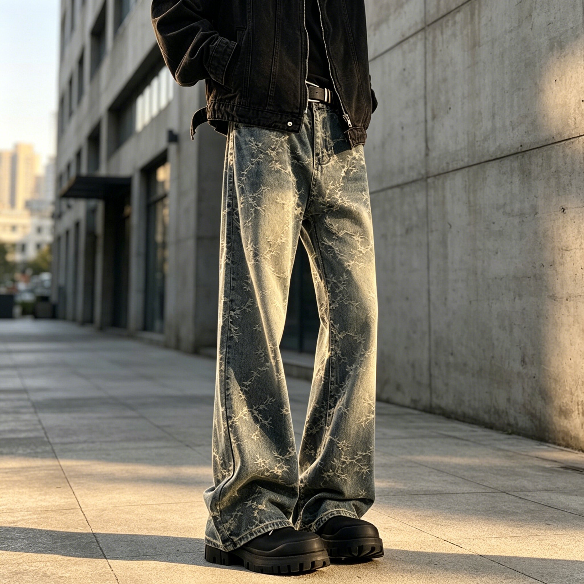 2026春季新款大码美式提花微喇牛仔裤抽绳低腰青春流行宽松浅蓝色