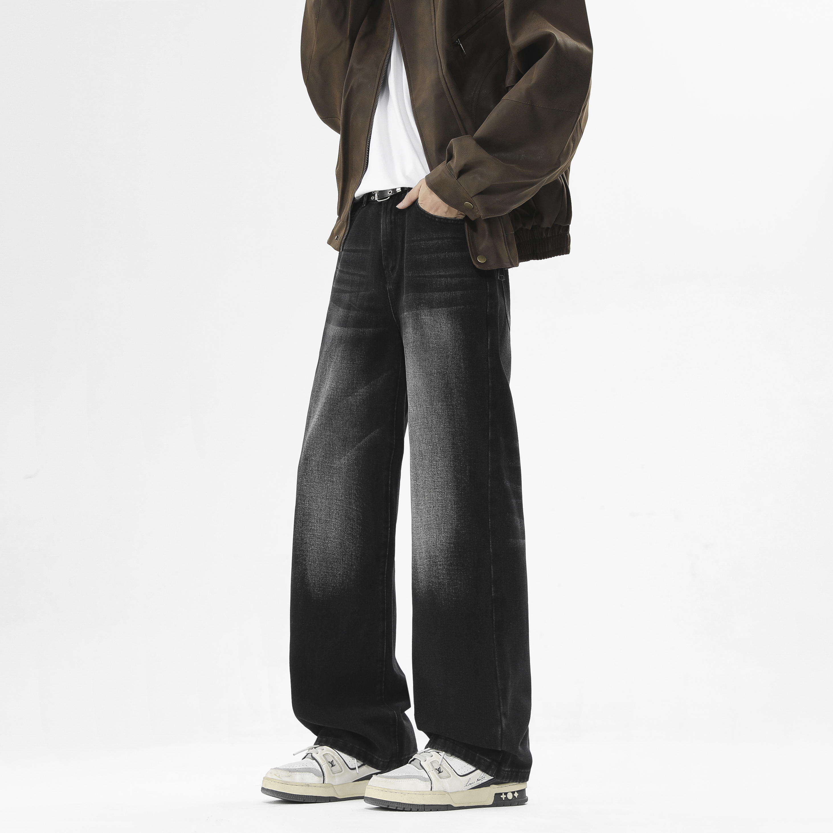 CHRY STUDIO美式复古水洗做旧直筒牛仔裤冬季加绒加厚高街潮男裤