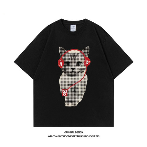 CHRY STUDIO创意呆萌马赛克耳机小猫印花T恤夏季美式百搭休闲短袖