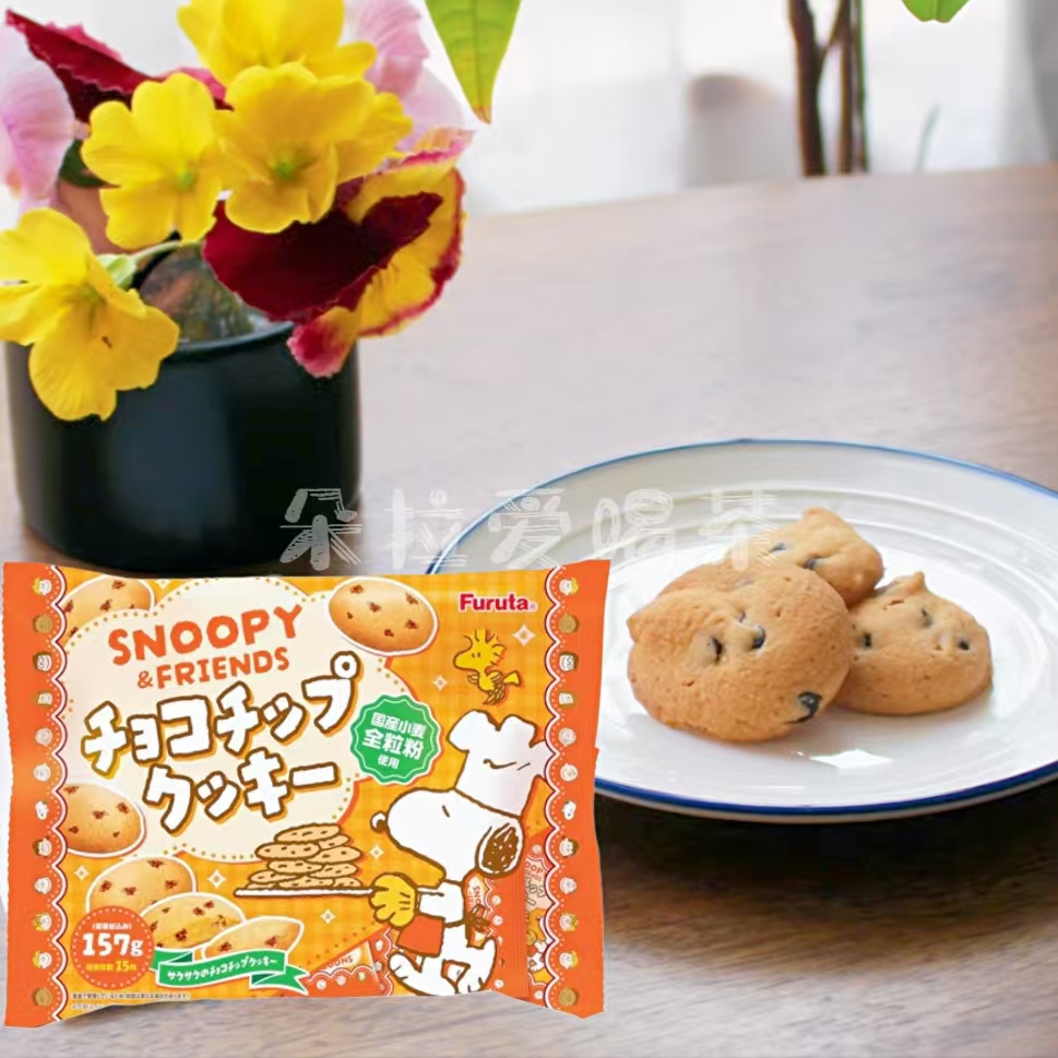 日本进口富路达Furuta饼干史努比巧克力豆全粒粉小麦曲奇饼干157g