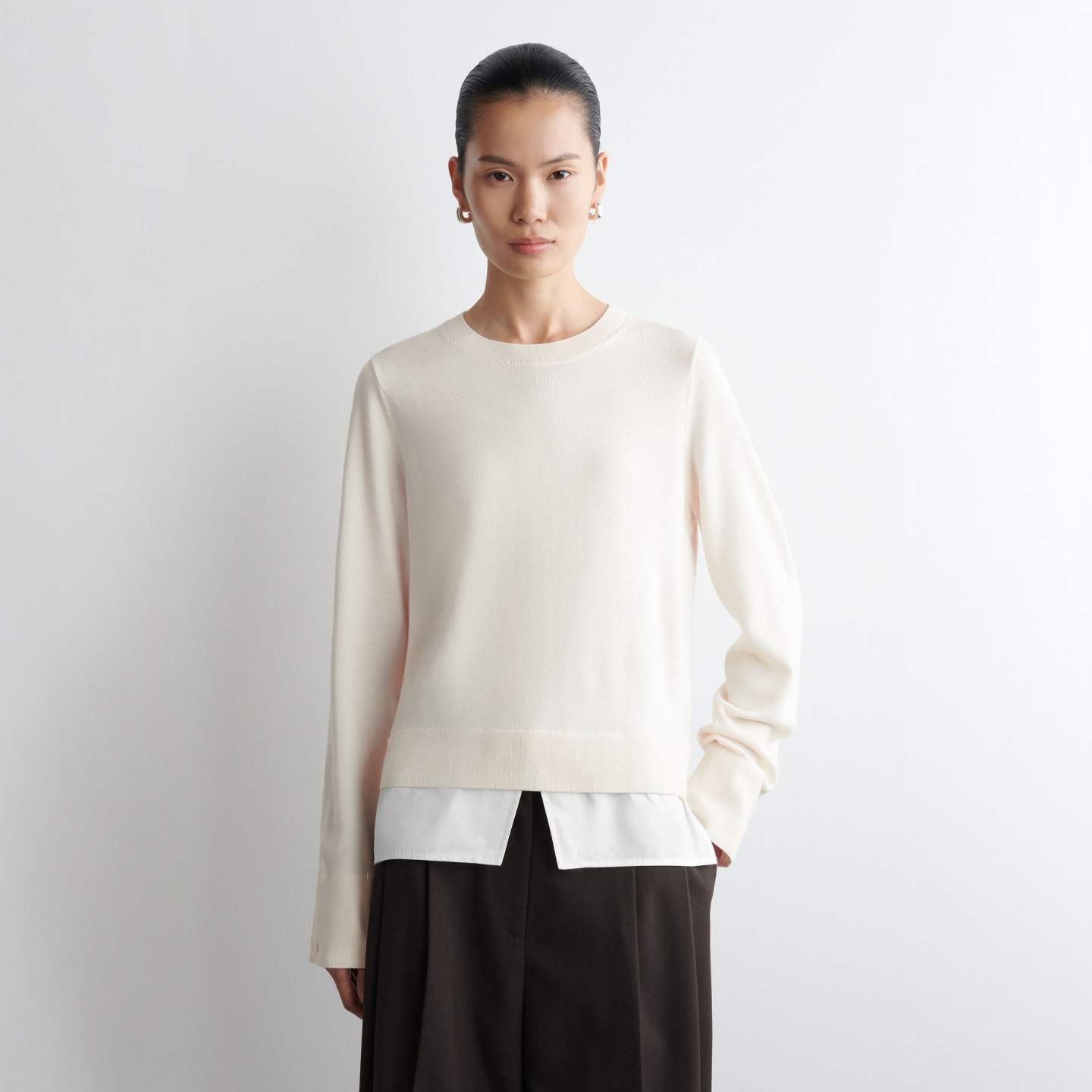 高智感拼接美利奴羊毛针织衫米白