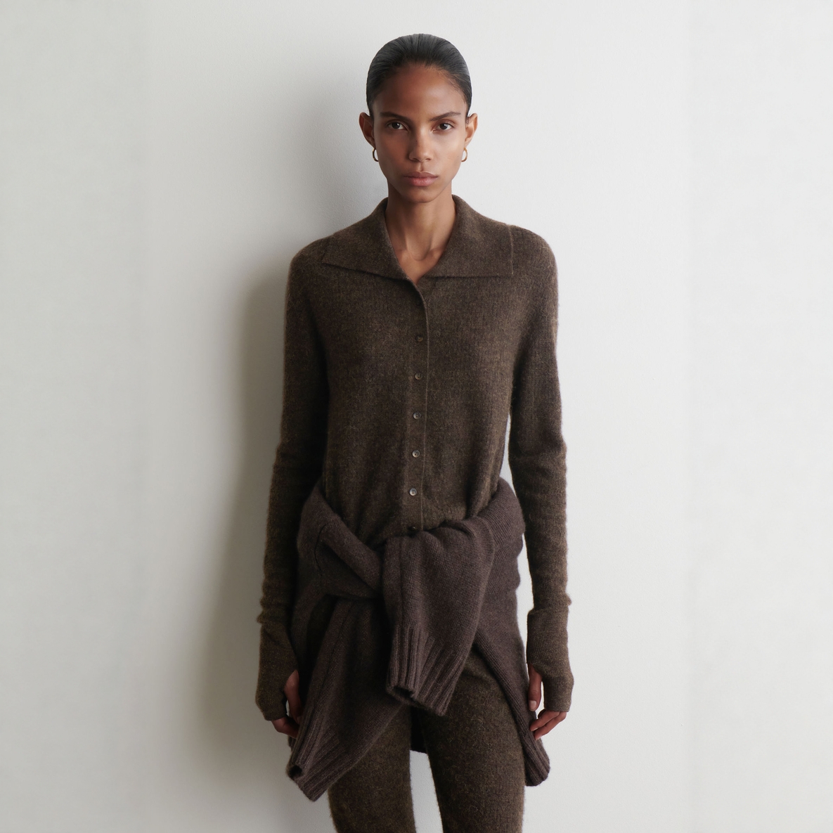 羊毛混纺翻领开衫深棕色