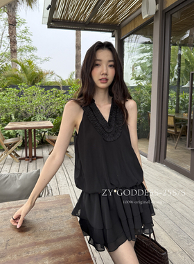 【ZY】气质木耳边V领衬衫露肩显瘦荷叶边连衣裙(配腰带)  25959