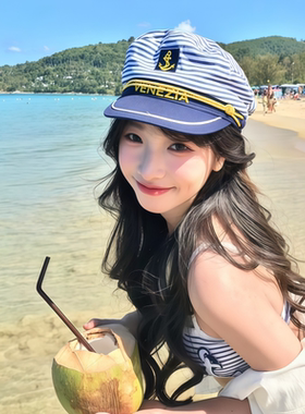 复古海军蓝条纹夏季水手帽女