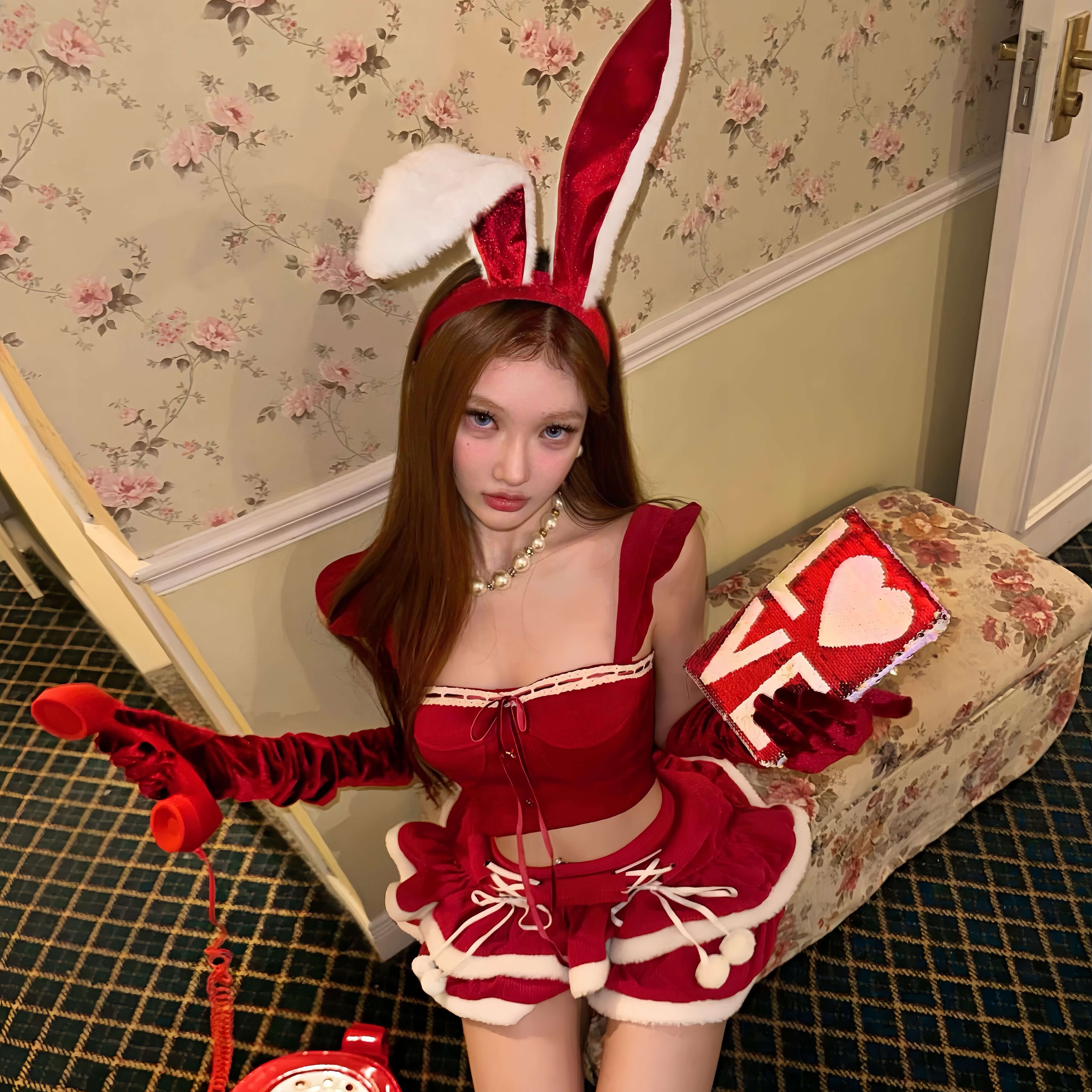 兔兔执事红色毛绒兔耳圣诞节发箍