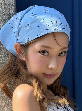 个性美式复古辣妹蓝色腰花方巾碎花包头巾百搭街头街舞嘻哈潮配饰