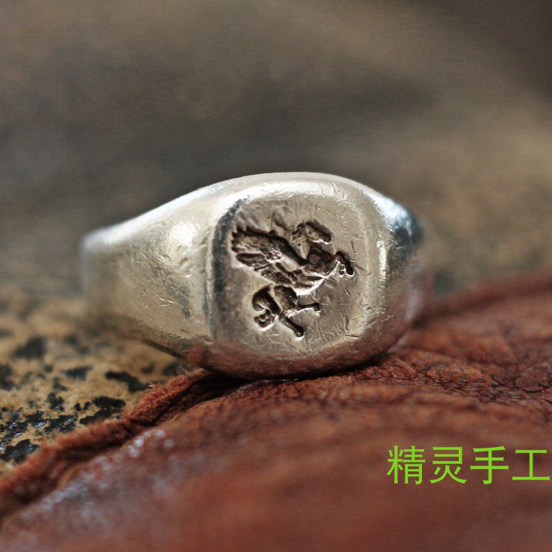 纯银戒指蜡封复古乡村雕花男士徽章印戒飞马魅力原创设计情侣新款