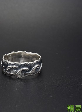 纯银戒指立体海浪汹涌双色尾戒复古风格男士原创设计定制戒指新款