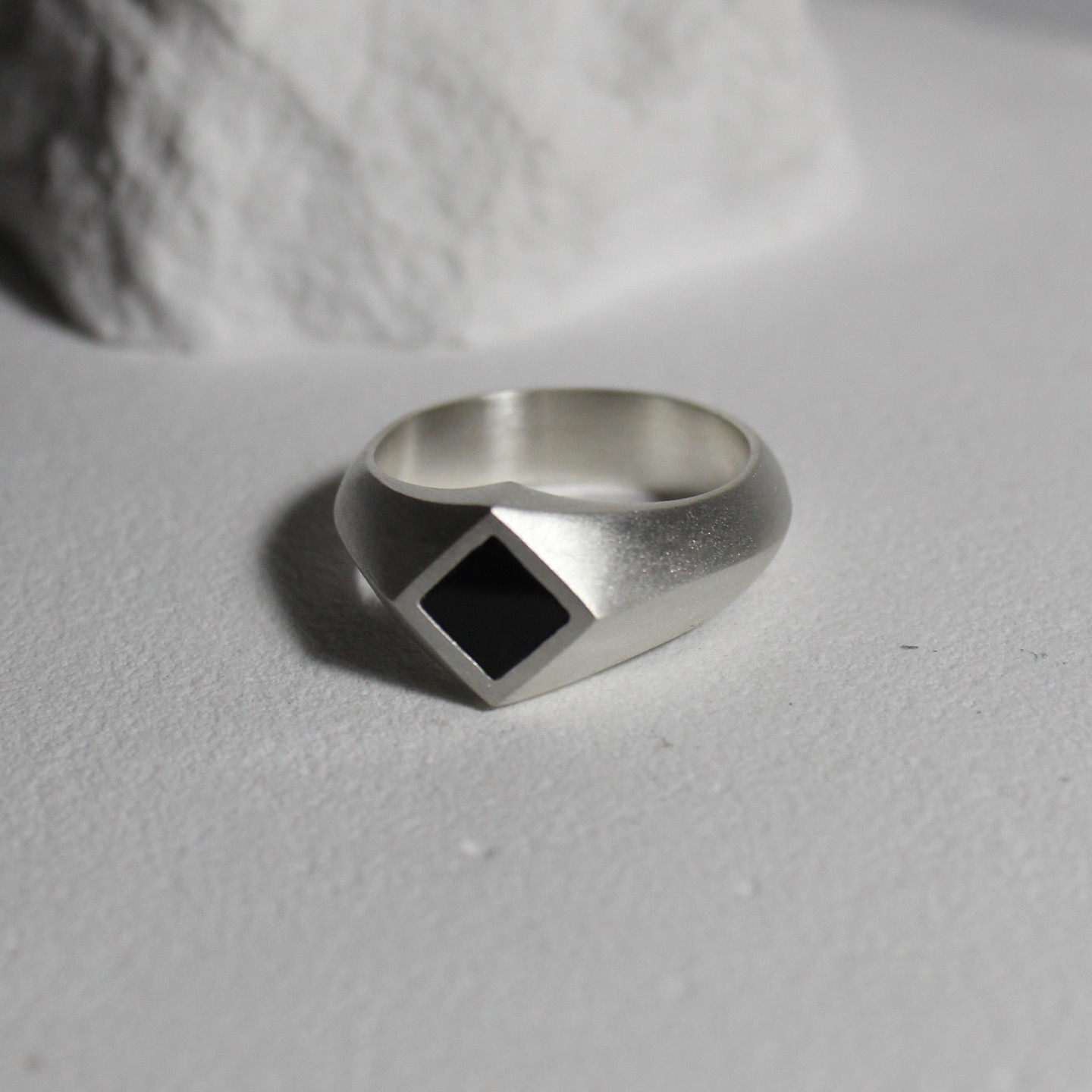 纯银S925银戒指黑方形镜面戒指男女简约几何开口戒指环极简潮流款