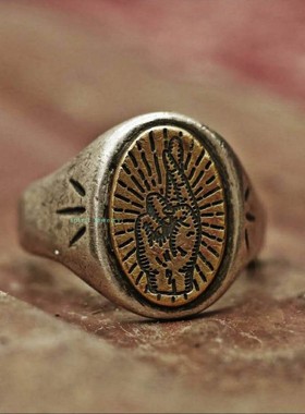 纯银男戒原创S925双层叠加款铜刻字花型指环欧美幸福之手抖音新品