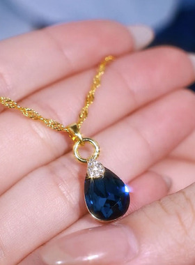 蓝色水滴水晶项链女2024年新款潮气质百搭颈链小众设计网红锁骨链