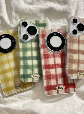 ins韩风小众简约格子适用华为mate60pro+手机壳pura70pro双层硬壳mate60极简主义70ultra情侣不撞款p60pro女
