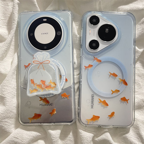 ins透明蓝色小金鱼摇摇乐磁吸支架适用华为mate60pro+手机壳pura70pro双层磁吸壳mate70pro小众简约pura80pro