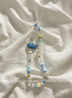 小清新春夏少女韩系蓝色陶瓷小鱼串珠手机链条挂绳链条挂件配饰