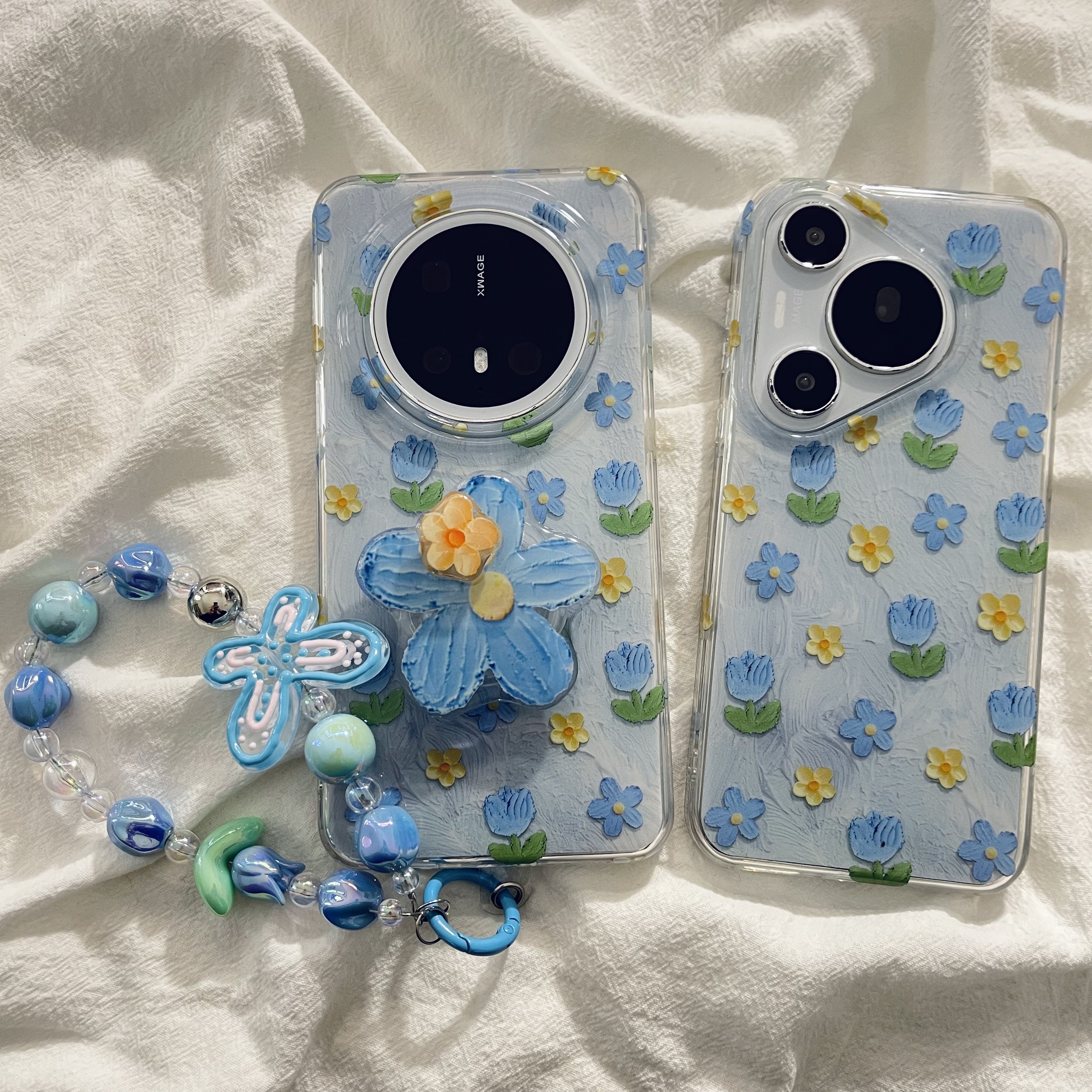 韩系蓝色油画旋转花朵支架适用华为mate70pro+手机壳mate60pro双层新款pura70pro链条手绳mate60小众ins风女,3C数码配件,手机保护套/壳,淘宝优惠券,粉丝福利购,淘宝优惠卷