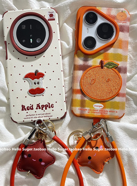 秋冬皮纹新款彩格波点刺绣橙子苹果核适用华为mate80promax手机壳mate60pro手绳pura80/70pro保护套mate70pro