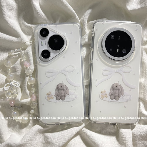 白底蝴蝶结垂耳兔双层印花韩系适用华为mate70pro+手机壳mate60pro保护套pura70pro链条手绳mate80promax女款