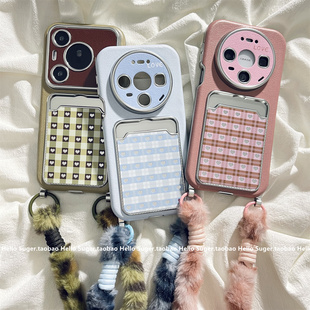 创意银色卡包爱心格纹适用华为mate80promax手机壳mate70pro+皮纹新款mate60pro手绳pura70/80pro保护套女款