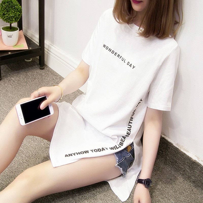 热销0件手慢无2019新款夏装短袖t恤女中长款宽松纯棉韩版大码侧开叉上衣体桖潮