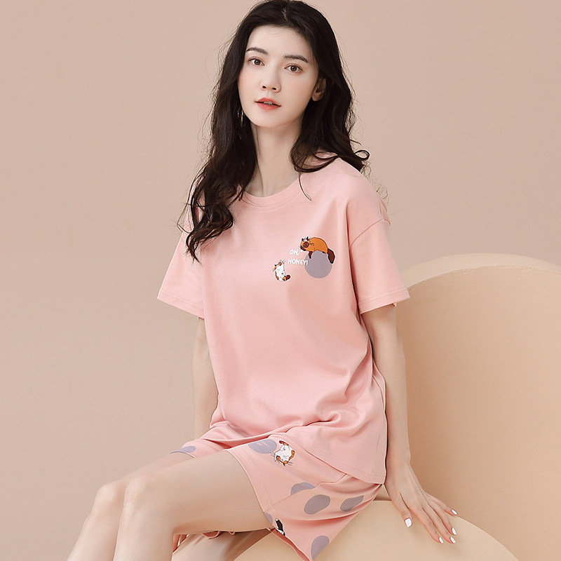 夏季纯棉时代睡衣女士新款初子尼薄料短袖短裤圆领休闲家居服套装