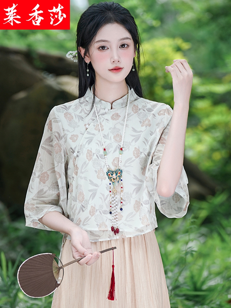 夏季唐装女装中国风年轻款改良旗袍上衣新中式禅意茶服汉服套装裙 女装/女士精品 上衣 原图主图