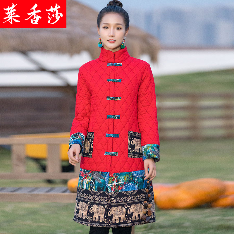 冬季加棉加厚中长款棉衣女民族风复古唐装棉麻印花保暖棉服外套女
