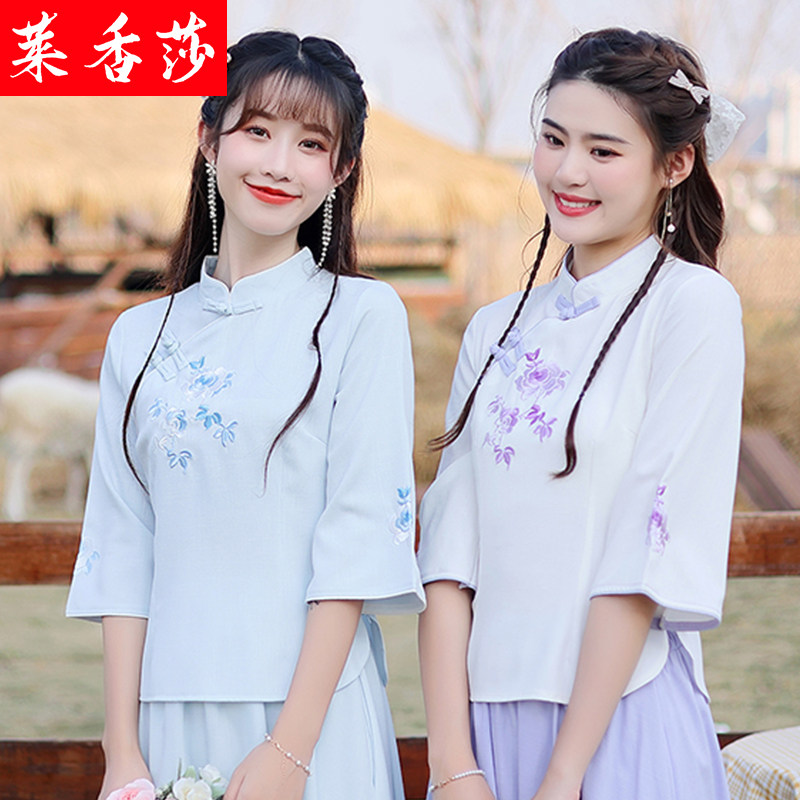 民国风闺蜜姐妹装改良汉服旗袍上衣女中国风复古唐装棉麻绣花茶服