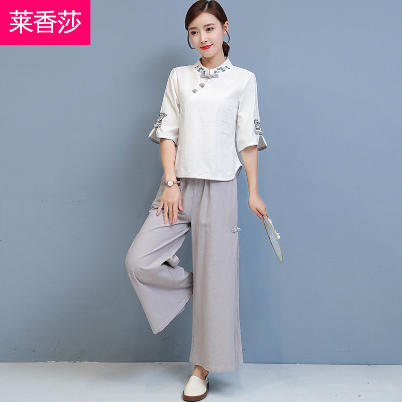 禅修居士服瑜伽服复古唐装棉麻茶服中国风汉服夏装禅意女装两件套
